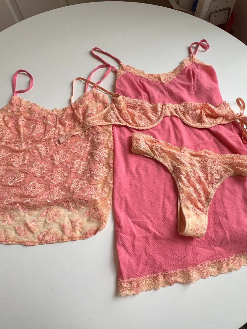 Vintage Only Hearts/Helena Stuart pink/peach lingerie: bra, thong, cami, nightie